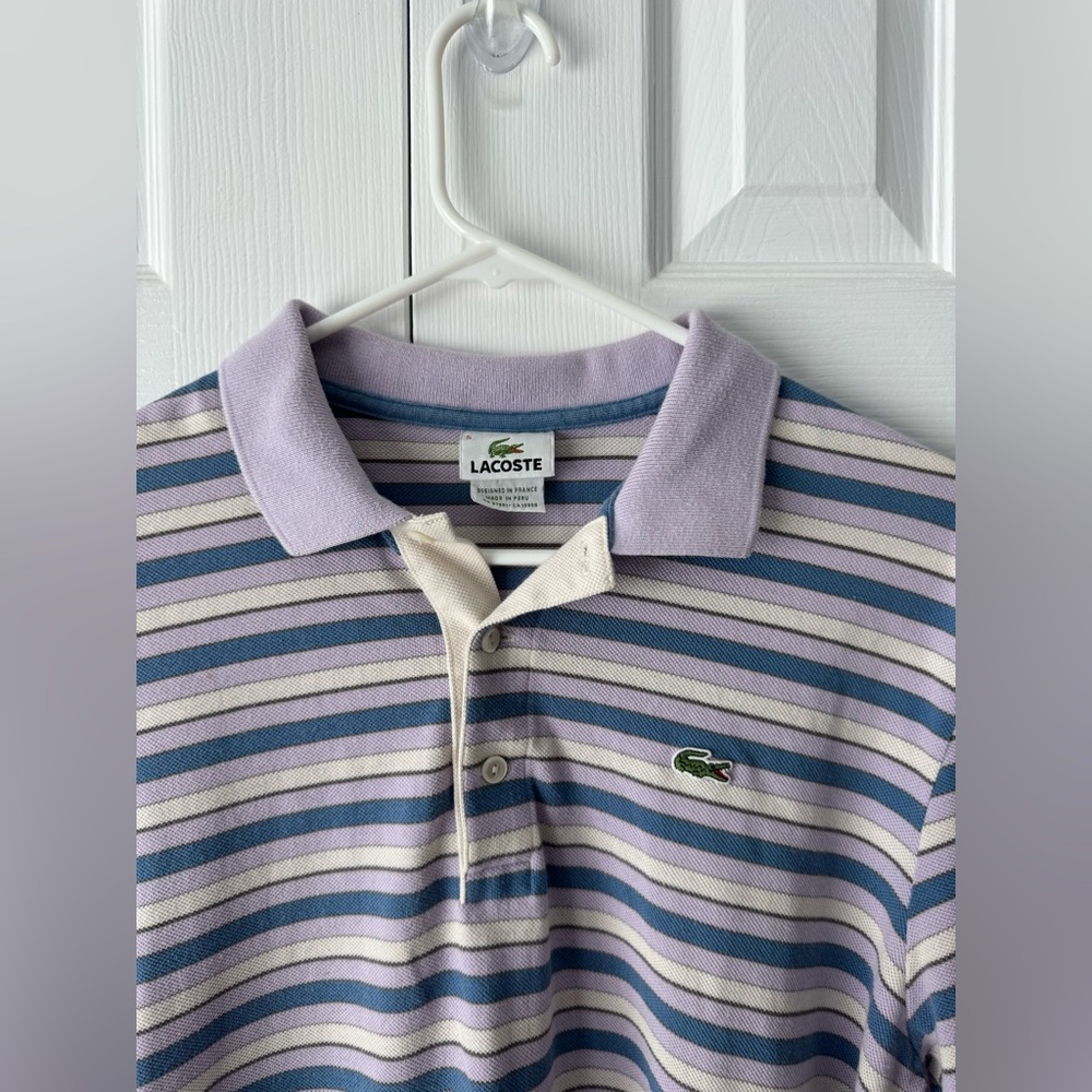 Lacoste Purple Blue White Stripes Polo Shirt L